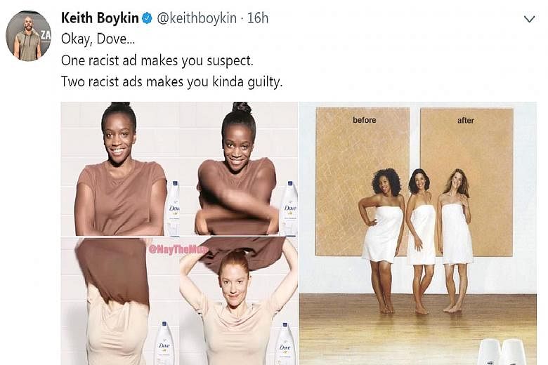 A Twitter user commenting on the latest Dove advertisement (left) and that for a body wash in 2011 that also sparked a furore over racism.