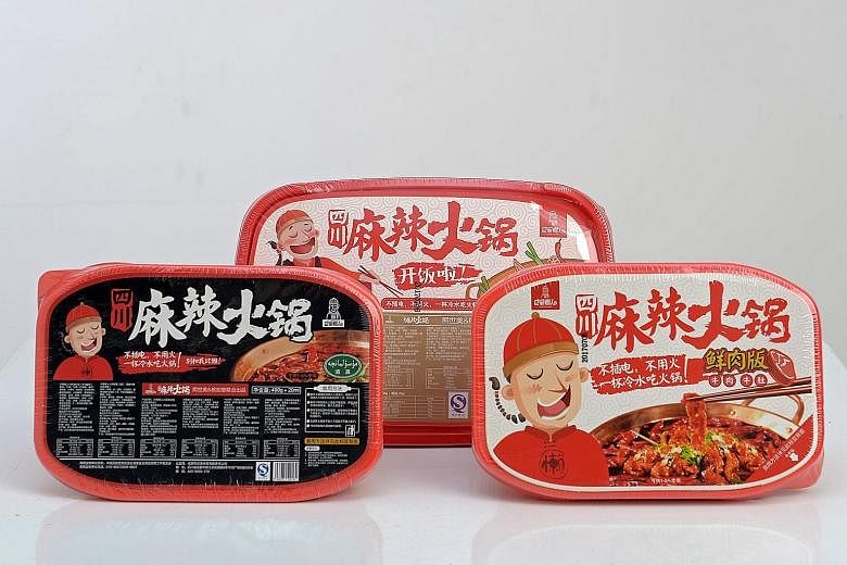 Ba Shu Lan Ren offers three flavours of instant mala hotpot: (above, from left) original, rice and meat, and beef. Left: What a pack of the rice and meat hotpot looks like.