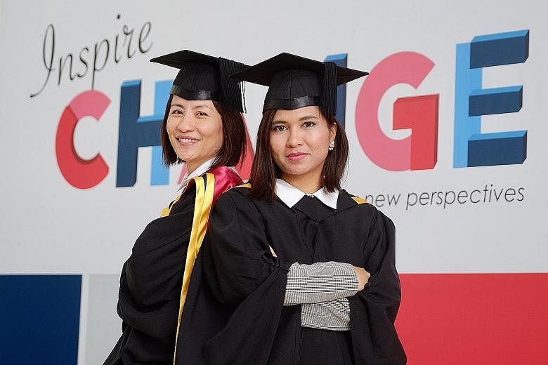 Among the graduands yesterday were Madam Tio Guat Kuan (right), who graduated with a Master of Gerontology, and Ms Nur Riduan, who graduated top of her bachelor's degree programme in early childhood education with management.