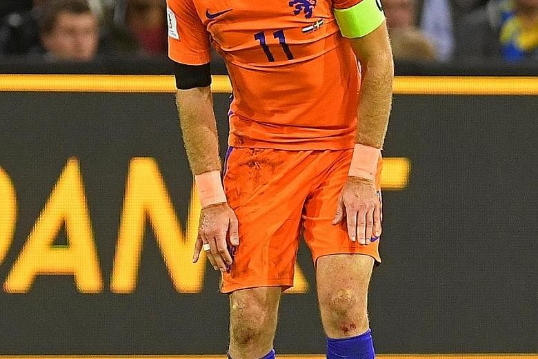 Netherlands captain Arjen Robben grimacing in vain as his brace against Sweden was too little, too late as the Dutch failed to qualify for the World Cup Finals despite their 2-0 home win on Tuesday. The Bayern Munich winger, who was marking his 96th 