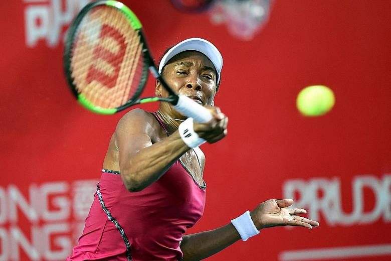 American Venus Williams during her loss to Japanese teenager Naomi Osaka in the Hong Kong Open second round yesterday. The world No. 5 has already qualified for the Oct 22-29 WTA Finals Singapore season ender at the Singapore Indoor Stadium.