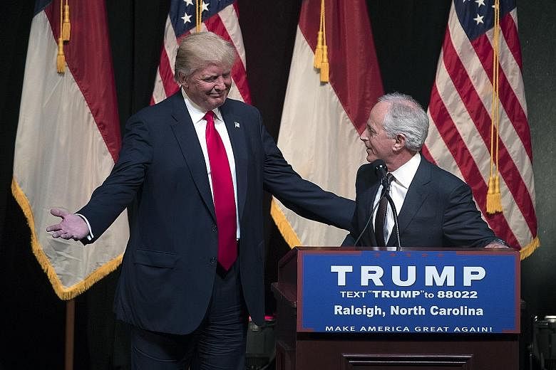 Senator Bob Corker introducing Mr Donald Trump, then a presidential candidate, at a campaign rally in North Carolina, in July last year.