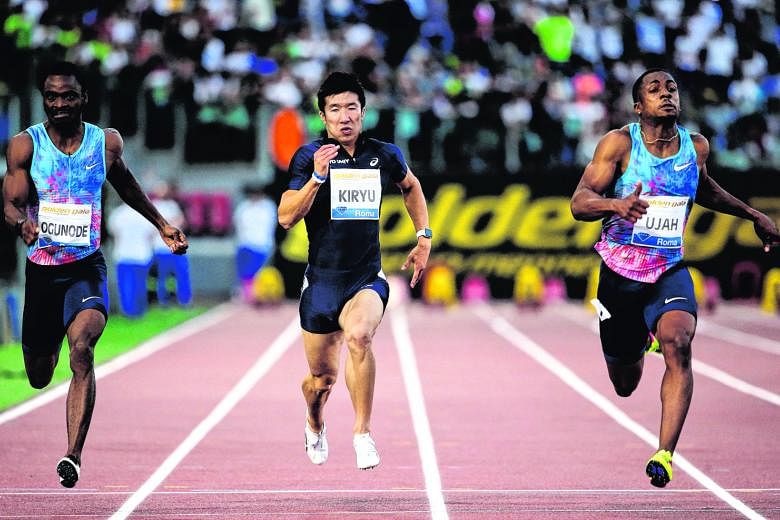 Yoshihide Kiryu (centre) in the Diamond League meet's 100m final at the Olympic Stadium in Rome last June. Last month, Kiryu was the first Japanese to record 9.98sec at an inter-collegiate meet, shaving off 0.02sec off the national record set by Koji