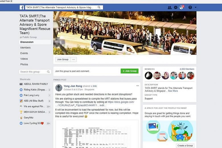 Voluntary groups such as Facebook group TATA SMRT, formed in August, have sprung up online recently for people to provide support to one another in the face of frequent public transport disruptions.