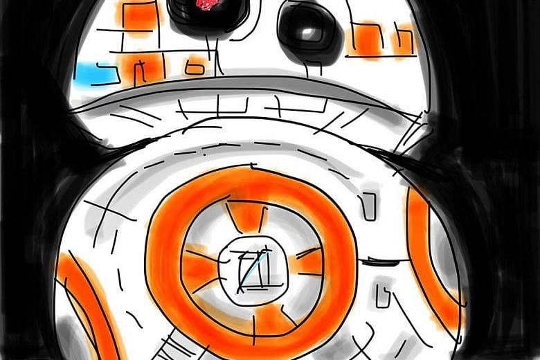 The drawings, which started as a way to encourage the grandson's interest in letters and words, have evolved from stick figures to more complex subjects such as Mack the truck from the film Cars, and BB-8 (above), the droid from Star Wars.