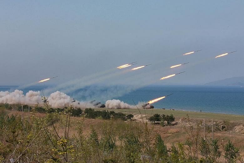 A military drill marking the 85th anniversary of the establishment of the Korean People's Army in April. "The situation on the Korean peninsula is on the eve of the breakout of nuclear war," says a North Korean official.