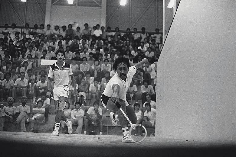 Rahim Gul (right) playing in an exhibition match against fellow Pakistani Umar Hayat in the 1980s. Rahim was regarded as one of the best in the business during Singapore squash's heyday, when the Republic was among the top nations in the world.