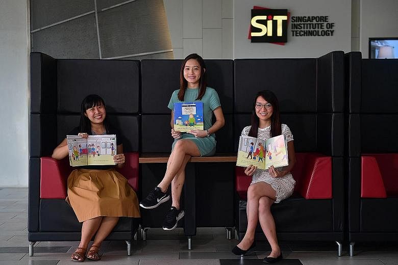 Mindy's First MRT Adventure creators (from left) Debra Thang, Chin Yu Teng and Wendy Yee put the book together as part of a literacy module at Singapore Institute of Technology Wheelock College's early childhood course. They realised that there were 