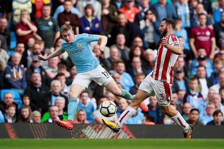 Belgian Kevin de Bruyne providing the assist for City's fourth goal in the 7-2 win over Stoke, scored by Gabriel Jesus. He has helped set up 32 league goals in just over two years.