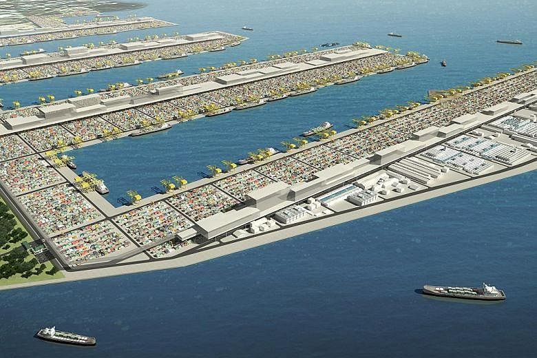 An artist's impression of the Tuas mega port, which will be twice the size of Ang Mo Kio town. It will be opened progressively from 2021 and be completed by 2040.