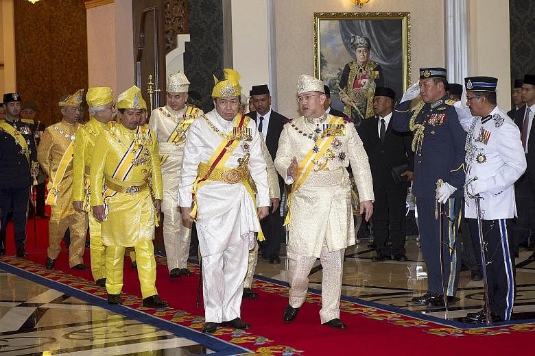Malaysia's rulers coming out from a meeting last December in Kuala Lumpur led by Selangor Sultan Sharafuddin Idris Shah (front, left) and Sultan Muhammad V from Kelantan, the current Malaysian King.