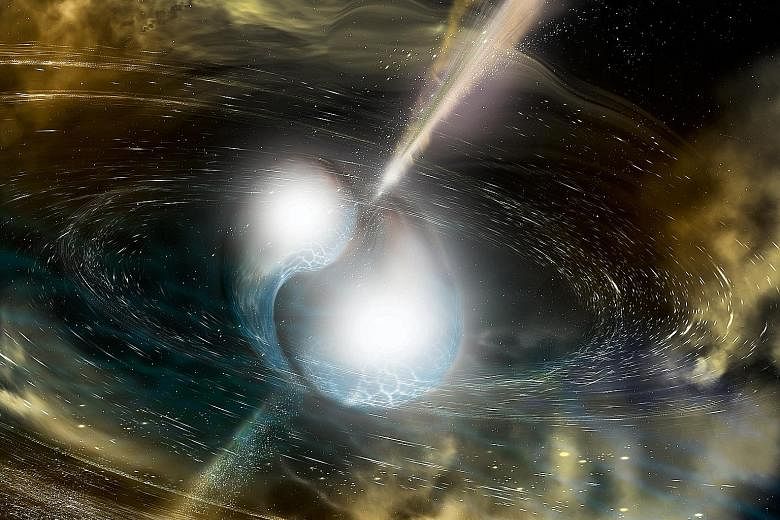 An illustration showing the merging of two neutron stars. Aug 17's event set off sensors in space and on Earth, as well as produced a loud chirp in antennas designed to study ripples in the cosmic fabric.