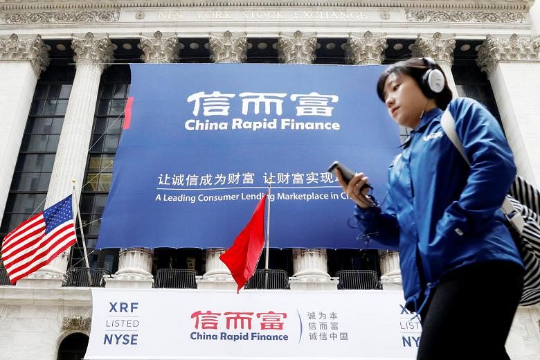 A banner for China Rapid Finance on the NYSE's facade, celebrating the mainland firm's IPO in May.