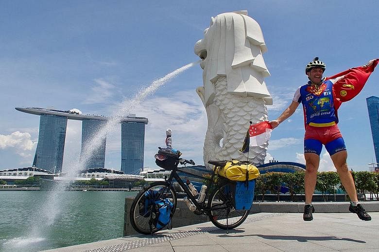 "Super cycling man" Will Hodson in (from left) Malaysia, Turkey and Georgia. To save money, he either camps outdoors or stays with friends and in sanctuaries like temples and mosques. Mr Will Hodson is in Singapore till Oct 29, after which he will co
