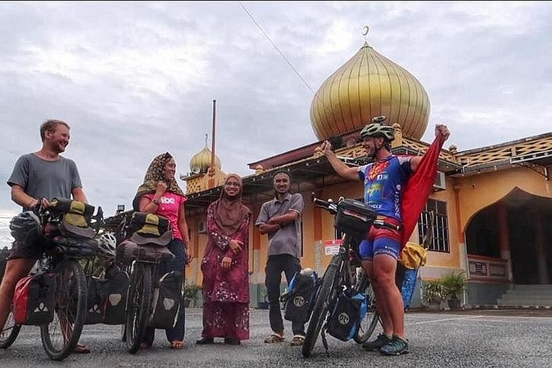 "Super cycling man" Will Hodson in (from left) Malaysia, Turkey and Georgia. To save money, he either camps outdoors or stays with friends and in sanctuaries like temples and mosques. Mr Will Hodson is in Singapore till Oct 29, after which he will co