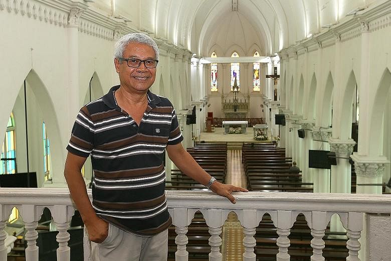 The heavy brass bell in the belfry of the church in Hougang was hoisted in place more than a hundred years ago by its head priest - and still chimes every day to mark the start of mass. Mr Bernard Braberry, the church administrator, also conducts his