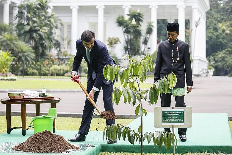 The Emir of Qatar held talks with Indonesia yesterday, more than four months into a Saudi-led blockade against the Gulf emirate. The two-day visit by Sheikh Tamim bin Hamad Al Thani, seen here with Indonesian President Joko Widodo during a tree-plant