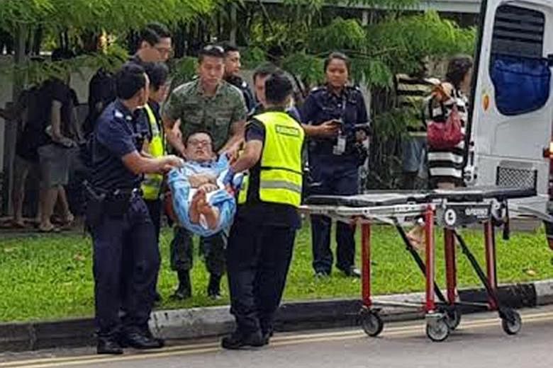 Above: Mr Jin suffered cuts and lacerations on both legs in the attack outside a condominium in Bukit Gombak yesterday morning. He is expected to be hospitalised for a few days. Left: The wild boar tried to escape but was hit by a bus and later died.