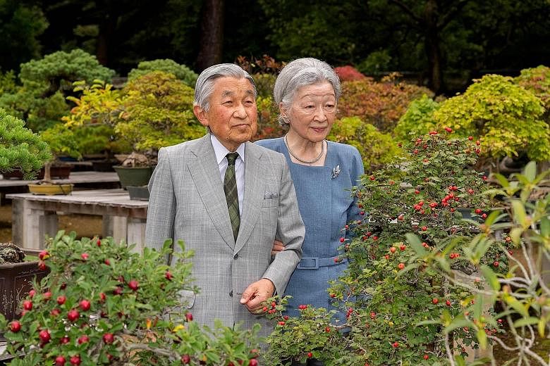 The 83-year-old Emperor Akihito, seen here with Empress Michiko at the Imperial Palace in Tokyo, said last year that he feared age might make it hard for him to continue to fulfil his duties.