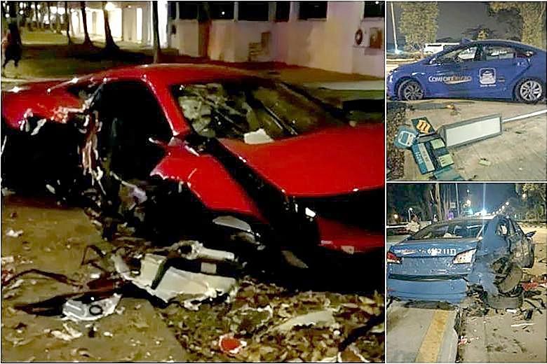Two men were taken to hospital after a sports car and a taxi collided in Yishun early yesterday. Both vehicles were badly damaged in the accident along Yishun Avenue 1, as seen from photos and a video posted on social media. The red McLaren sports ca