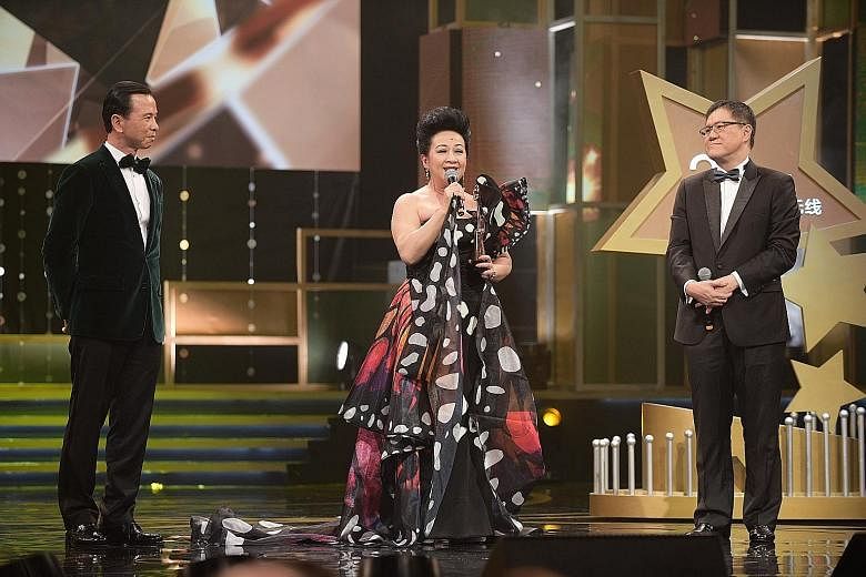 Nancy Sit took home most popular TVB drama female character for her role in long-running drama A Kindred Spirit. Vincent Wong (far left) won My Favourite TVB Actor, while Ali Lee (left) was My Favourite TVB Actress for their roles in Legal Mavericks.