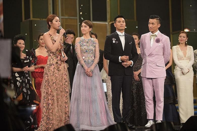 Nancy Sit took home most popular TVB drama female character for her role in long-running drama A Kindred Spirit. Vincent Wong (far left) won My Favourite TVB Actor, while Ali Lee (left) was My Favourite TVB Actress for their roles in Legal Mavericks.
