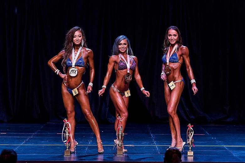 Angeline Huang, 29, was named the women's bikini national champion yesterday with Monica Wang, 31, second and Yumi Kishinami, 36, third. In other events at the FM League Singapore Nationals, Sasi Zura, 34, returned from a one-year break to win the Mr