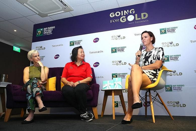 Former world No. 1 Lindsay Davenport (far right) at yesterday's conference for sporting parents. The other two speakers at the event, presented by Tiffany & Co., were May Schooling and Judy Murray, the mothers of Joseph Schooling and Andy Murray.