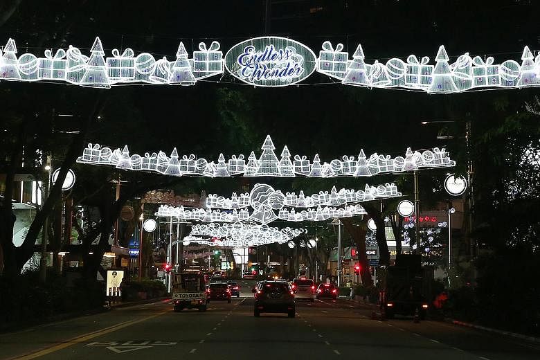 Christmas lights along Orchard Road being tested on Monday night. The light-up will begin on Nov 11 in a ceremony to be officiated by President Halimah Yacob.