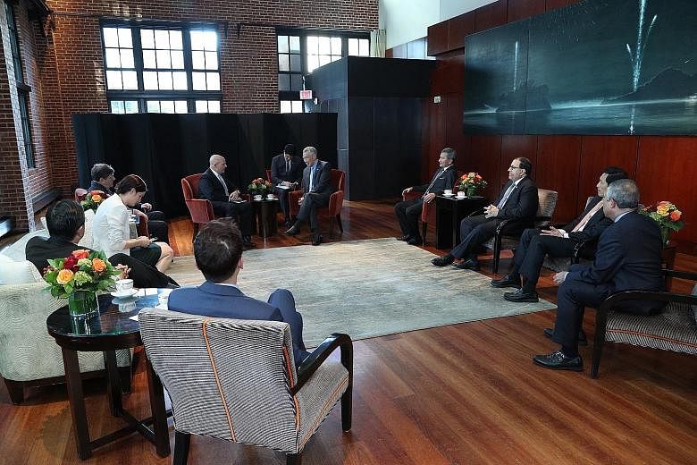 Prime Minister Lee Hsien Loong and United States National Security Adviser H.R. McMaster at their meeting on Tuesday in Washington. Also present at the talks were (from right) Singapore's Ambassador to the US Ashok Kumar Mirpuri, Minister for Educati