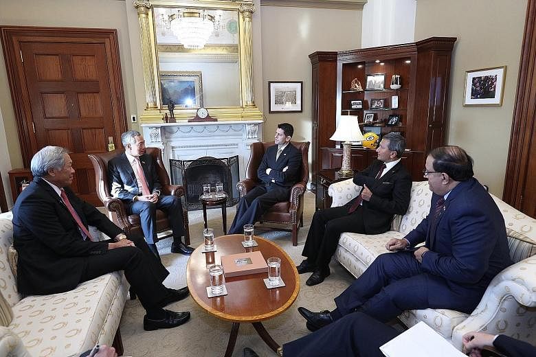 Prime Minister Lee Hsien Loong meeting US House Speaker Paul Ryan in Washington on Wednesday. Also present were (from left) Defence Minister Ng Eng Hen, Foreign Minister Vivian Balakrishnan and Minister for Trade and Industry (Industry) S. Iswaran.