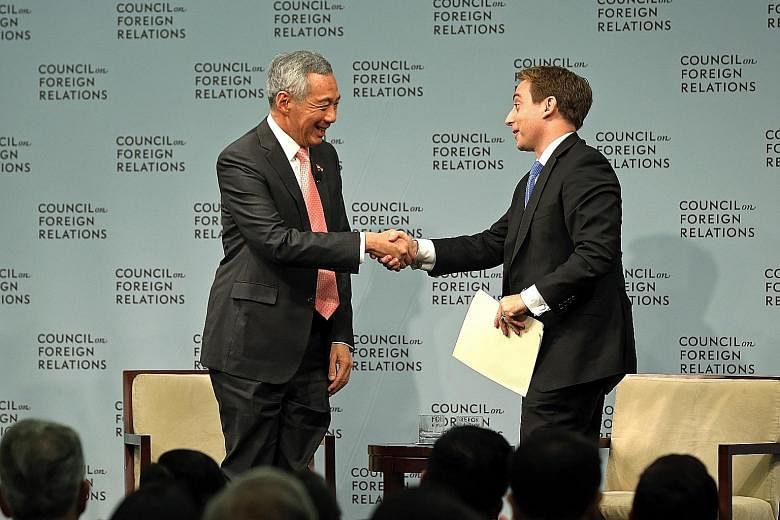 Prime Minister Lee Hsien Loong at the dialogue at the Council on Foreign Relations in Washington on Wednesday, which was moderated by New Yorker magazine's staff writer Evan Osnos.