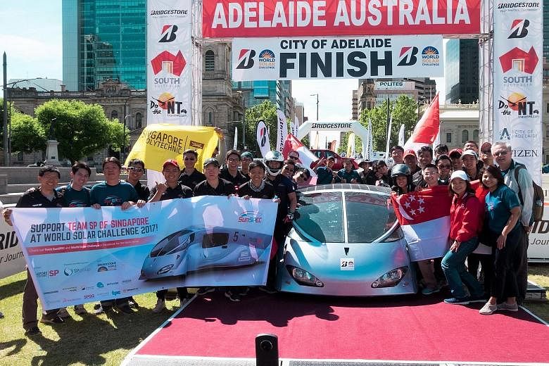 Singapore Polytechnic's team at the finish line in Adelaide with its car, SunSPEC5. There were nine checkpoints, excluding the start and finish points, in the 2017 World Solar Challenge that covered 3,000km. The team, the only entry from Singapore an