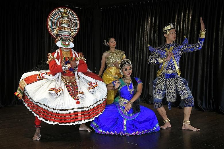 The cross-cultural cast of Brihannala - Arjuna's Disguise includes (from left) Biju S. as Keechaka, Nam Narim as Urvashi, Malini Bhaskar as Brihannala and Sophal as Arjuna.