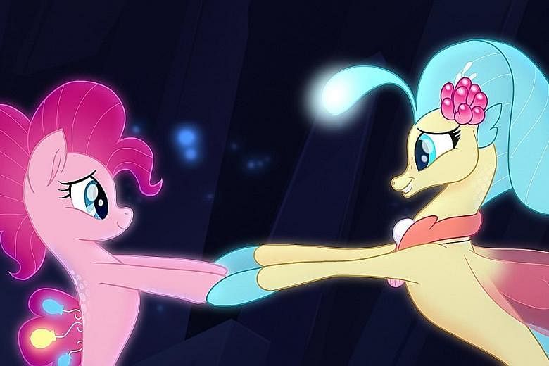 Pinkie Pie (voiced by Andrea Libman) and Princess Skystar (Kristin Chenoweth) in My Little Pony.