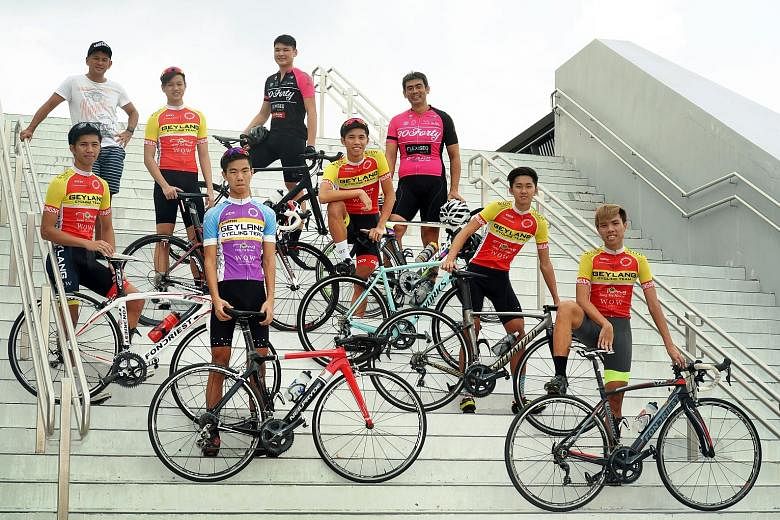 Left: Members of the 30Forty Cycling Team and the Geylang Cycling Team at the Sports Hub. Teams participating in the OCBC Cycle Speedway Club Championship on Nov 18 will field four riders to race in pairs over 10 laps, with each pair doing five laps,