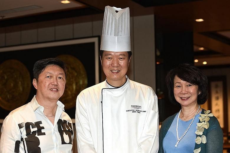 Hosted by The Straits Times' food critic Wong Ah Yoke (left) and Ms Wee Wei Ling (right), executive director of Si Chuan Dou Hua Restaurant, the eight-course dinner is prepared by executive chef Zeng Feng (centre). Dishes include the stir-fried Kurob