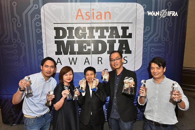 From at left: Mr Azhar Kasman, editor of Stomp; Ms Ong Hwee Hwee, digital editor of The Straits Times; Ms Han Yong May, associate editor of Lianhe Zaobao and digital editor of Chinese Media Group; Mr Chew V Ming, deputy head of digital strategy, and 