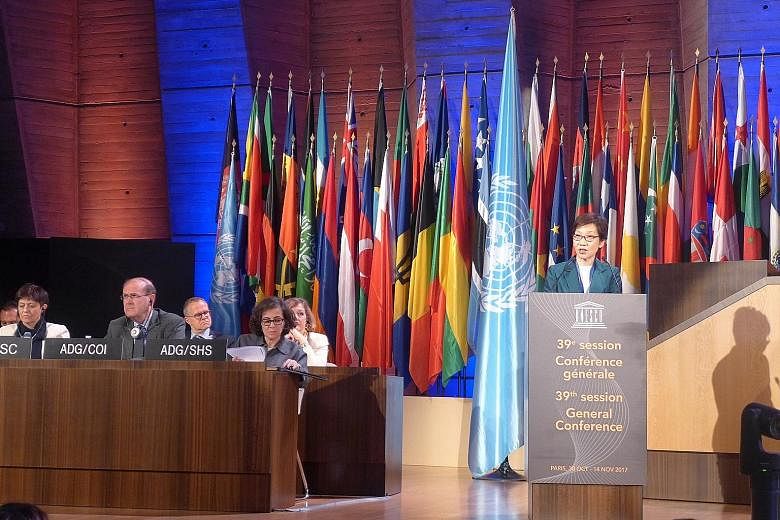 Minister for Culture, Community and Youth Grace Fu, who is also chairman of the Singapore National Commission for Unesco, speaking at the 39th session of the UN agency's general conference at its headquarters in Paris on Wednesday.