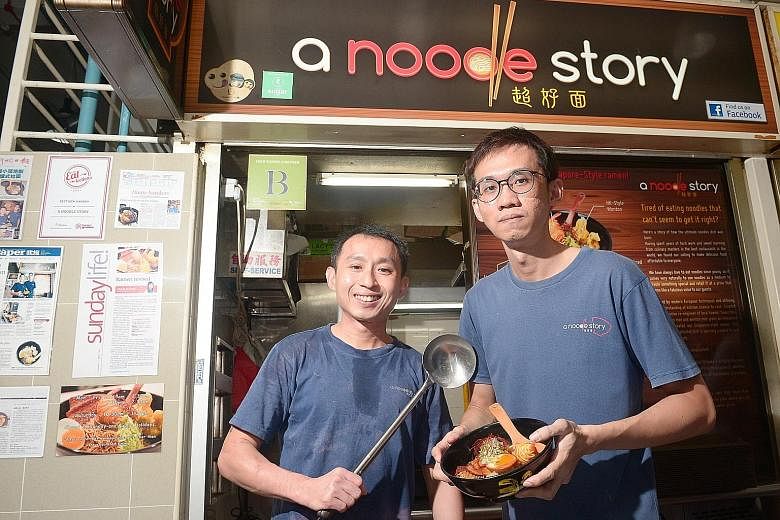 Co-owners of A Noodle Story Gwern Khoo (left) and Ben Tham. The stall, which sells Singapore-style ramen, has been on the Bib Gourmand list of Singapore's Michelin Guide since last year.