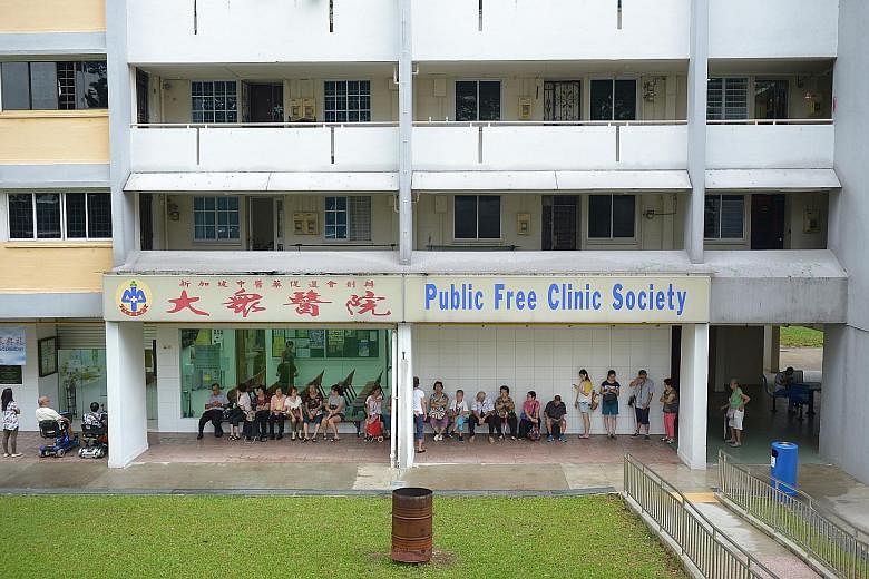 People waiting outside the Public Free Clinic Society's branch at Block 327, Clementi Avenue 5, at 8.30am on Saturday. The clinic opens at 9am. The non-profit organisation says more than 70 per cent of its patients are above 51. Ailments treated rang