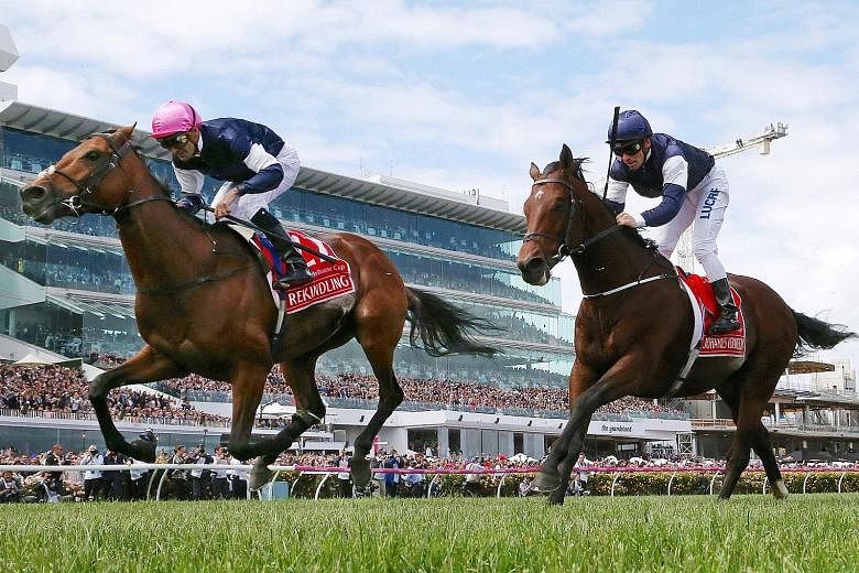 Rekindling, ridden by Corey Brown, wins the 157th Melbourne Cup by half a length from Johannes Vermeer at Flemington racecourse in Melbourne yesterday.