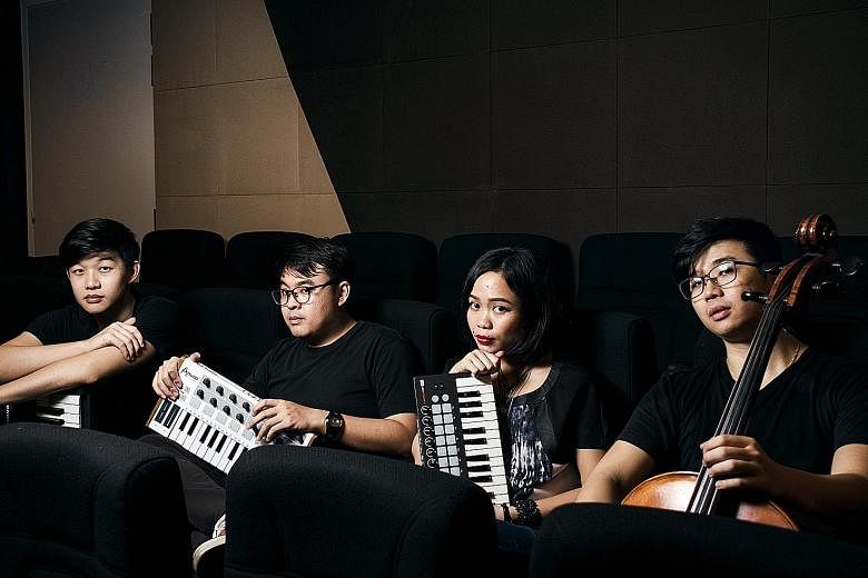 Home-grown electronic band Canvas Conversations (comprising, from far left, Jeff Hue, Lee Bing Xiang, Namie Rasman and Vick Low) and local singer-songwriter Ferry (above) will headline a show together for the first time.