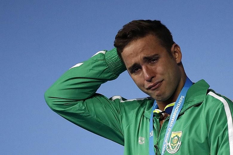South African swimmer Chad Le Clos is overwhelmed with emotion after winning the 200m fly at the Budapest World Championships in July. He currently leads the overall World Cup standings, a full 111 points ahead of his nearest competitor.