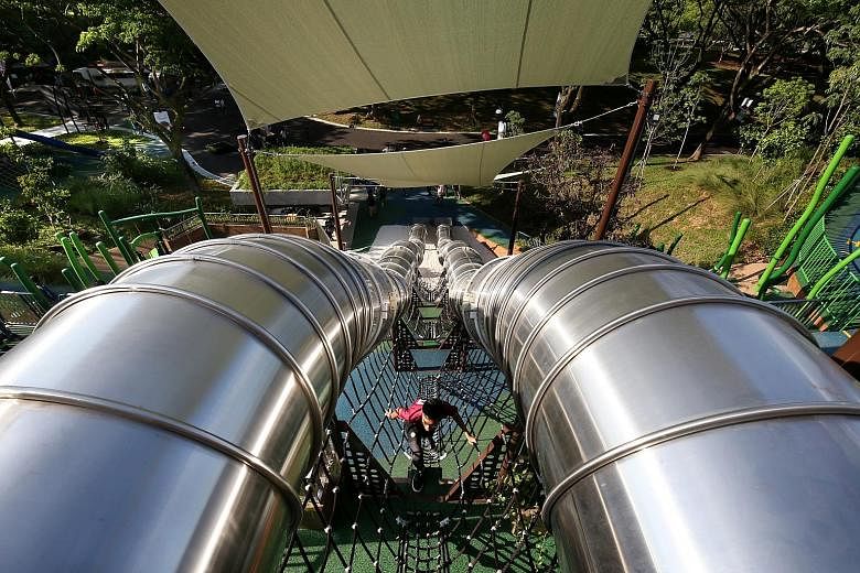 A 24-year-old woman suffered injuries to her head, shoulders and calf, after being thrown out of one of the 23m-long, 9m-tall slides at Admiralty Park. Her adult sister also suffered bruises on her feet. All play equipment at the park has been certi