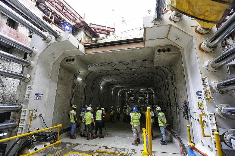 The 60m underpass linking Stevens MRT station to Singapore Chinese Girls' School was created with a rectangular tunnel boring machine. Work on the pedestrian underpass is expected to be completed by January next year.