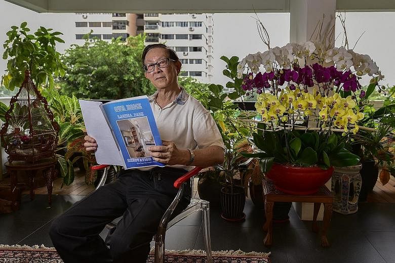 Remisier Sung Yoon Chon, 65, at his block. He says there should not be any ugly spats or efforts to persuade others over the collective sale. Mr Patrick Mowe, 80, in his home in Laguna Park, reading through a printed copy of the e-newsletter he creat