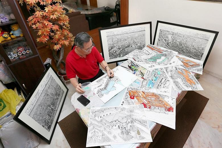 Below: Mr Steven Seow working on a sketch at his home in Tampines. He has completed drawings of 33 national monuments so far, including the Old Thong Chai Medical Institution (far right) and the former St Joseph's Institution, now the Singapore Art M