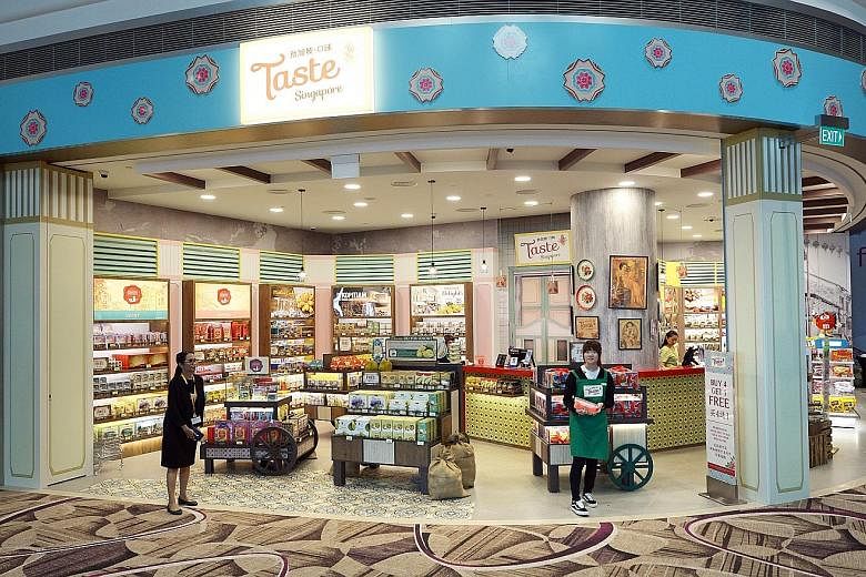 The new Taste Singapore outlet at Changi Airport Terminal 4's transit area. About 20 local food products from 11 brands have been introduced at the Taste Singapore outlets and the food gift sets will also be available online.