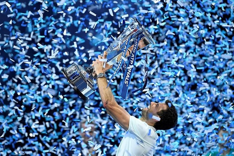 Bulgaria's Grigor Dimitrov celebrating his ATP Finals victory at London's O2 Arena on Sunday, after beating Belgium's David Goffin 7-5, 4-6, 6-3.